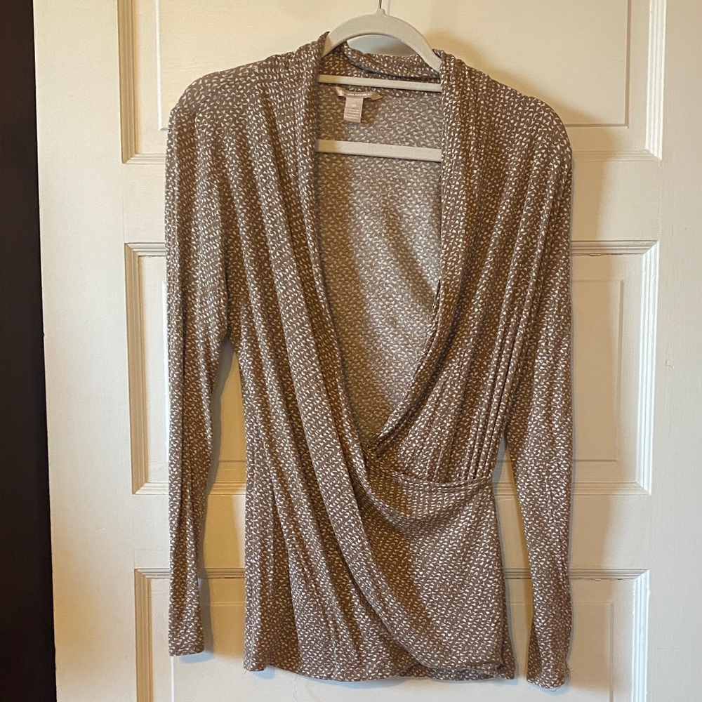 Banana Republic Tan and Cream asymmetrical faux wrap blouse
